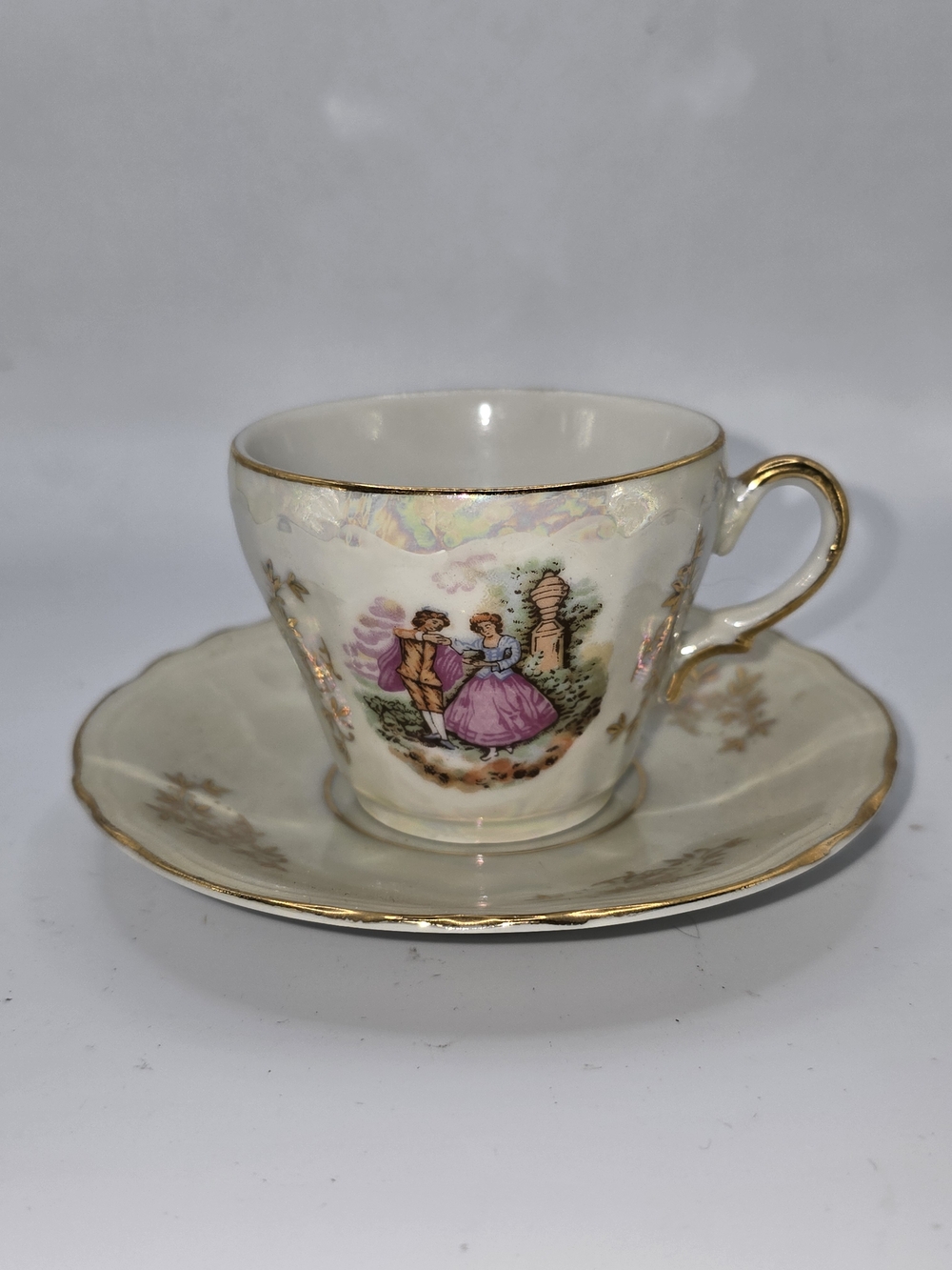 Vintage Japan Lusterware Demitasse Cup & Saucer Courting Couple 22k Gold Trim